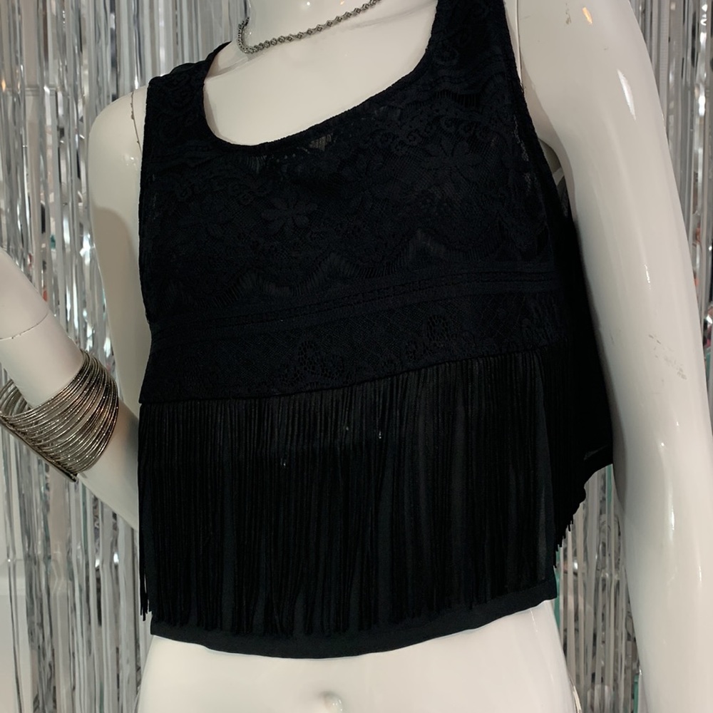 Black Embroidered Fringe Crop Tank